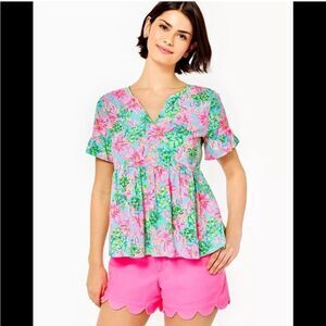 Lilly Pulitzer Jodee Ruffle Sleeve Swing Floral Top - Surf Blue So Shellegant XS